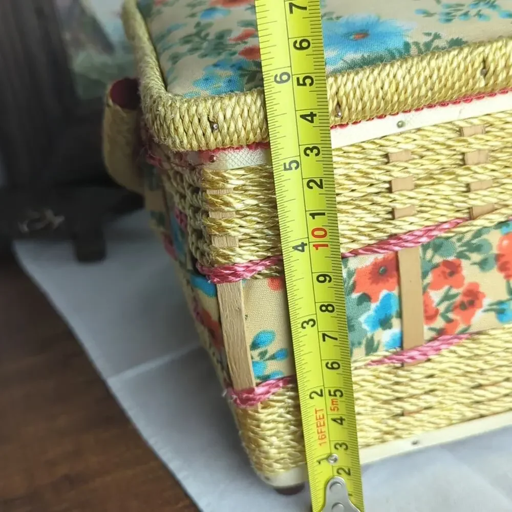 Vintage Wicker Sewing Basket Storage Box Floral | Granny Chic Cottagecore